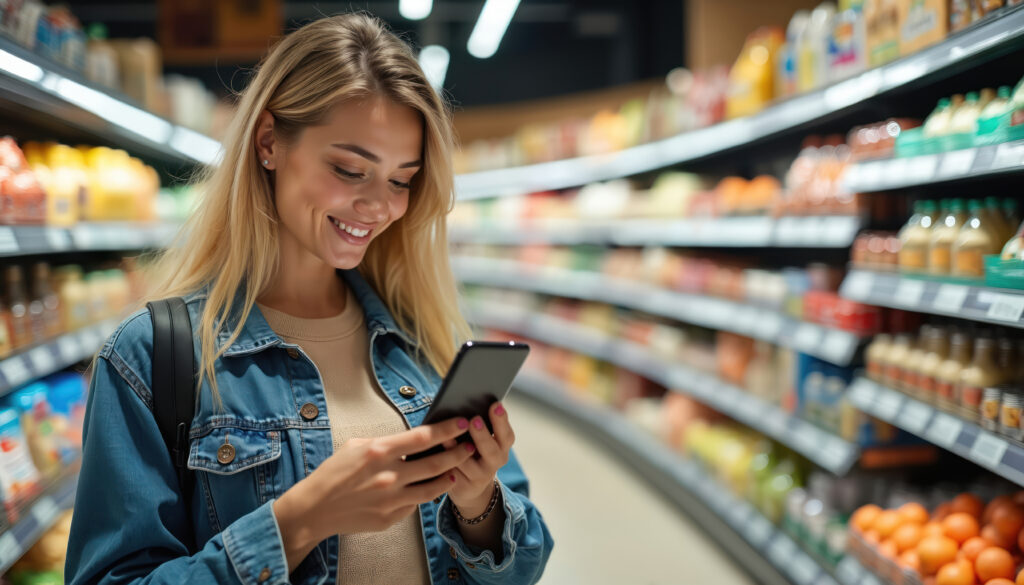 Smiling woman in a grocery store aisle using her smartphone to shop.