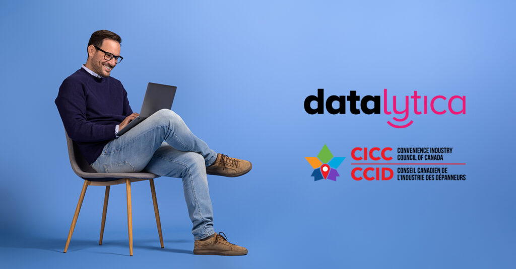 man sitting with laptop beside datalytica and CICC CCID logos on blue background.